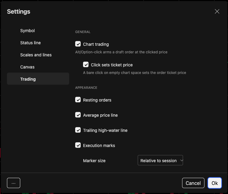The Trading tab with Chart trading, Click sets ticket price and the order appearance options