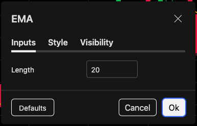 The indicator settings dialog with its Inputs, Style and Visibility tabs