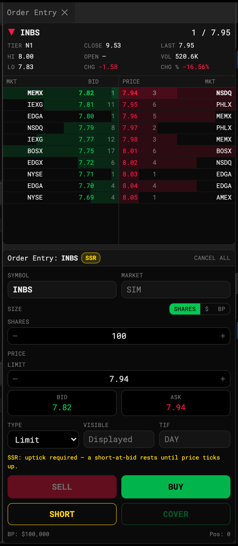 The Order Entry ticket with size mode, price, bid/ask buttons, order type and the Buy button highlighted