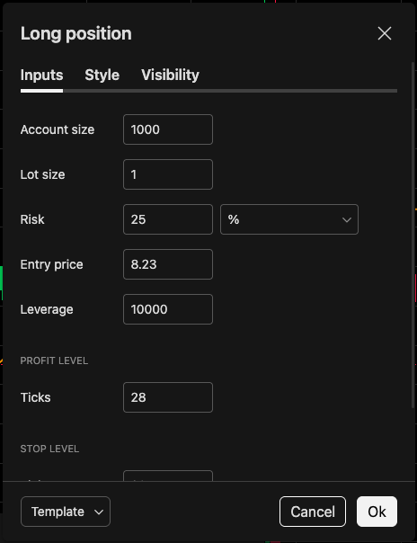 The position's Inputs tab with account size, risk and the profit and stop levels highlighted