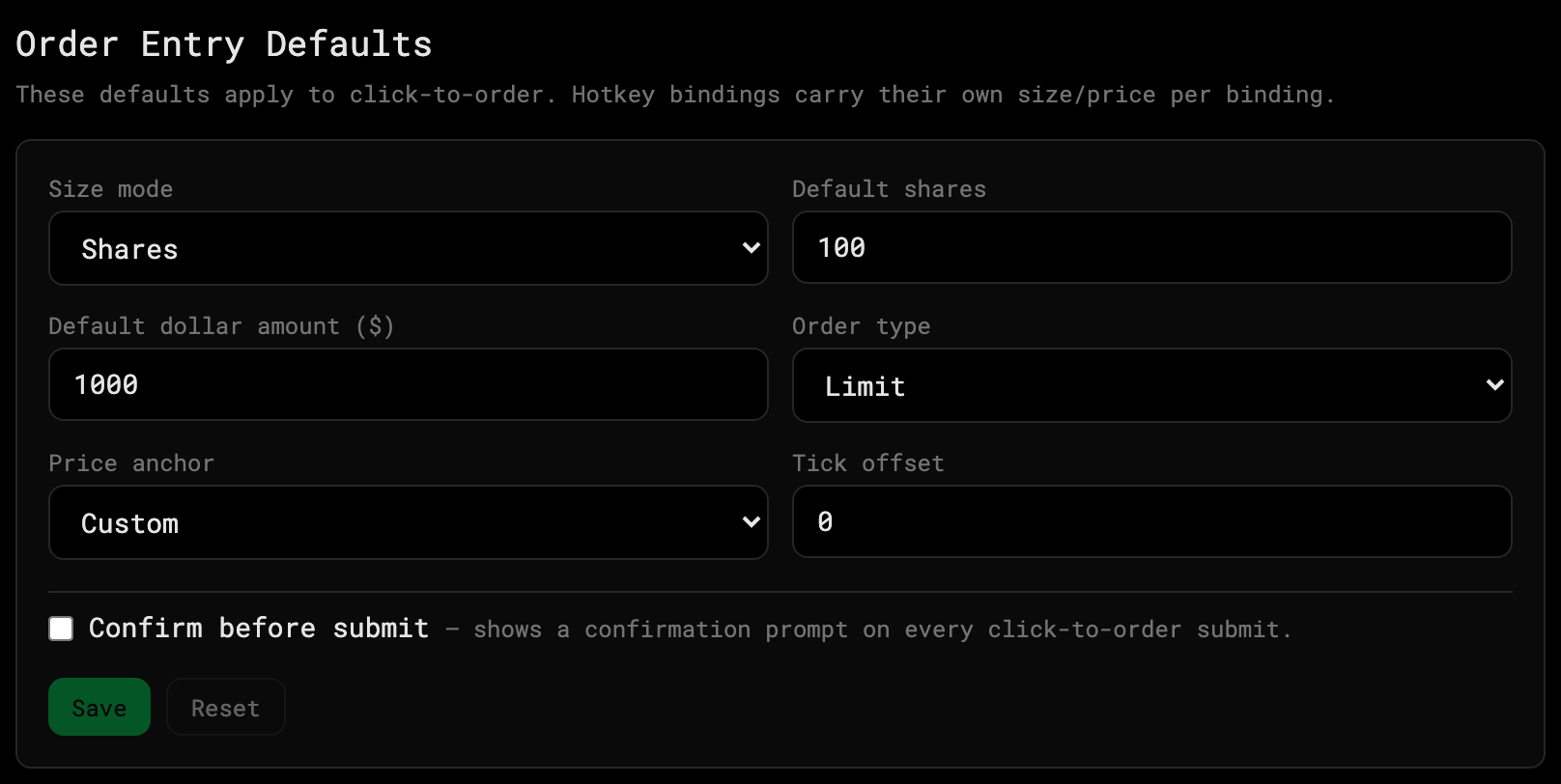The Order Entry section of settings