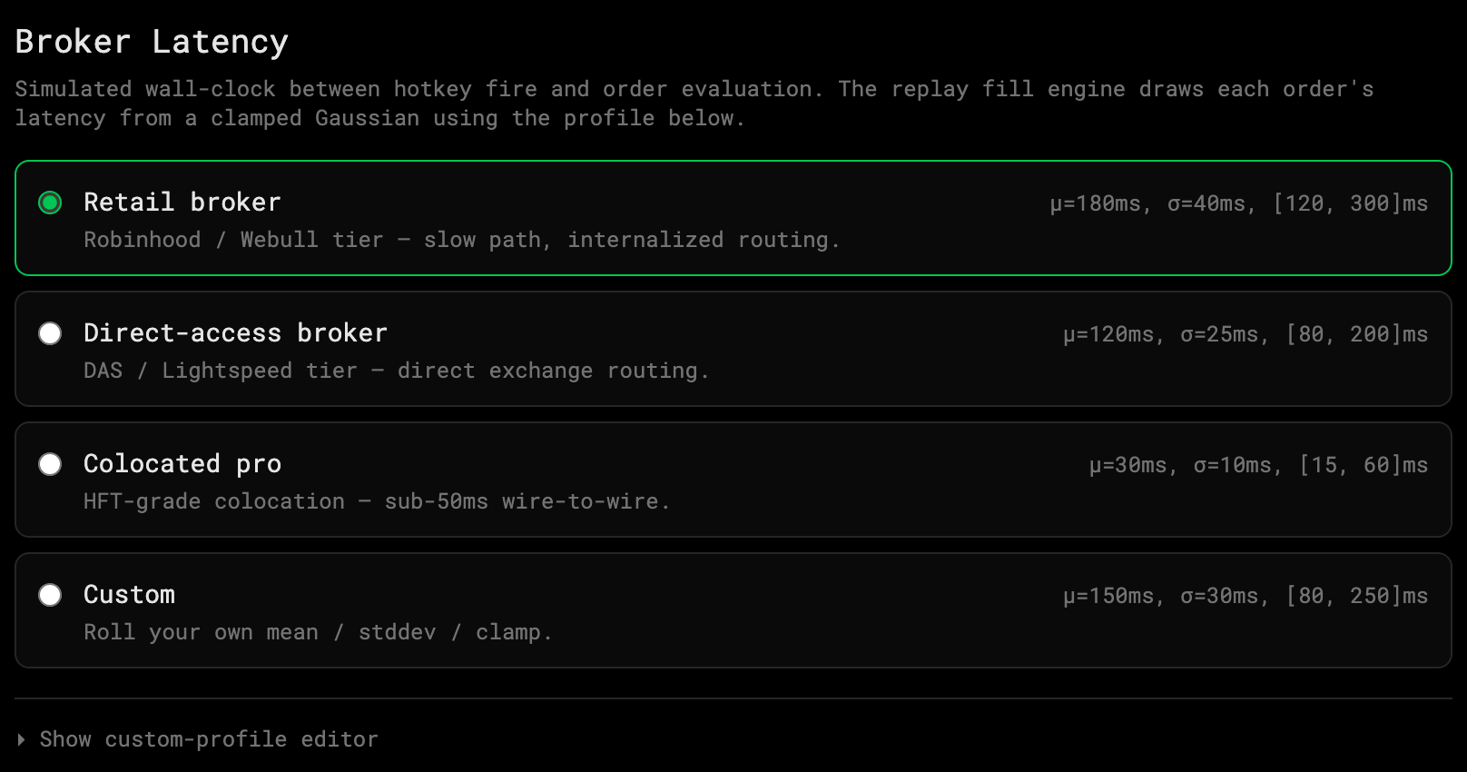 The Broker Latency section with the direct-access and custom profiles highlighted