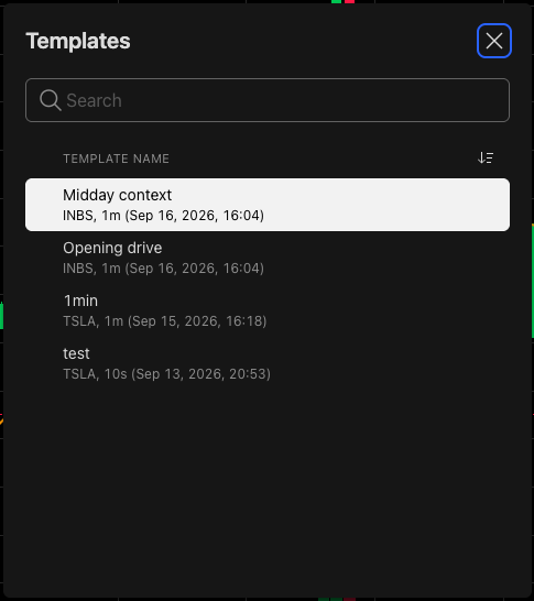 The Templates dialog with search, sort and a template row highlighted